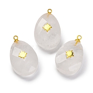 Natural Quartz Crystal Pendants, Rock Crystal Faceted Egg Shaped Charms with Rack Plating Golden Plated Brass Slices, Lead Free & Cadmium Free, 21x12.5x8mm, Hole: 1.5mm(G-B089-01G-02)