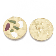 Iron Hammered Pendants, with Enamel, Flat Round, Matte Gold Color, Colorful, 35.5x2mm, Hole: 1.5mm(IFIN-S703-37)