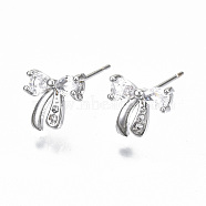 Brass Stud Earrings, with Clear Cubic Zirconia, Nickel Free, Bowknot, Real Platinum Plated, 8.5x9mm, Pin: 0.7mm(KK-T062-43P-NF)