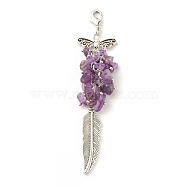 Natural Amethyst Chips Cluster Pendant Decorations, Feather Lobster Clasp Charms, for Keychain, Purse, Backpack Ornament, 91~93mm(HJEW-JM00653-01)