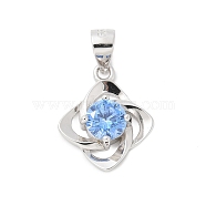 Fine Silver Cubic Zirconia Pendants, Flower Charms, Platinum, Rhodium Plated, Cornflower Blue, 15.5x12.5x4.5mm, Hole: 5x3.5mm(STER-S008-01B-P)