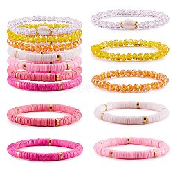 7Pcs 7 Style Handmade Polymer Clay Heishi Surfer Stretch Bracelets Set, Glass Beads Bracelets, Stackable Preppy Bracelets for Women, Pink, Inner Diameter: 2-1/8 inch(5.3cm), 1Pc/style(BJEW-SW00073-01)
