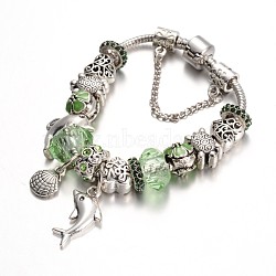 Ocean Theme Alloy Rhinestone Bead European Bracelets, with Glass Beads and Brass Chain, Pale Green, 180mm(X-BJEW-L602-26A)