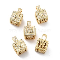 Alphabet Brass Micro Pave Clear Cubic Zirconia Pendants, Real 18K Gold Plated, Cube with Letter, Letter.W, 26x17x17mm, Hole: 5x8mm(ZIRC-O045-01G-W)