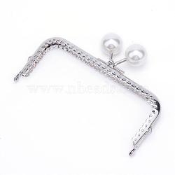 Iron Purse Frames Handles, Kiss Clasp Locks, with Round Acrylic Beads, Rectangle, Platinum, Creamy White, 85x125x12mm, Hole: 1.5mm; Bead: 20mm(FIND-T008-085P-C01)