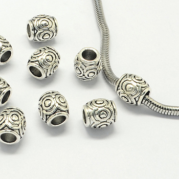 Alloy European Beads, Large Hole Beads, Barrel, Antique Silver, 10x9mm, Hole: 4.5mm