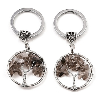 Natural Smoky Quartz Flat Round with Tree of Life Pendant Keychain, with Iron Key Rings and Brass Finding, 6.5cm