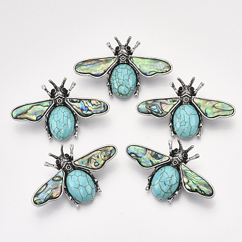 Synthetic Turquoise Brooches/Pendants, with Rhinestone and Alloy Findings, Abalone Shell/Paua Shelland Resin Bottom, Bee, Antique Silver, 36x56.5x14mm, Hole: 7x4mm, Pin: 0.7mm