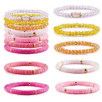 7Pcs 7 Style Handmade Polymer Clay Heishi Surfer Stretch Bracelets Set, Glass Beads Bracelets, Stackable Preppy Bracelets for Women, Pink, Inner Diameter: 2-1/8 inch(5.3cm), 1Pc/style