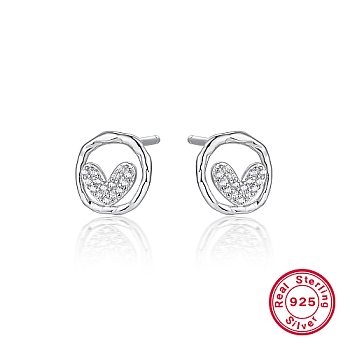 Rhodium Plated 925 Sterling Silver Stud Earring, with Clear Cubic Zirconia, Heart, 10mm