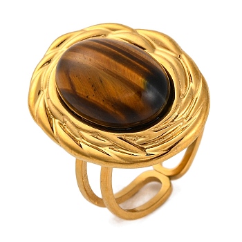 Oval Natural Tiger Eye Finger Rings, Golden Tone 304 Stainless Steel Cuff Rings for Women, Oval: 22x18mm, Inner Diameter: 17mm