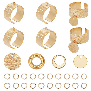 DIY Flat Round Charms Cuff Ring Making Kit, Including 304 Stainless Steel Open Finger Ring Components & Jump Ring & Charms & Linking Rings, Golden, 10~12x1mmmm, Hole: 1.4mm
