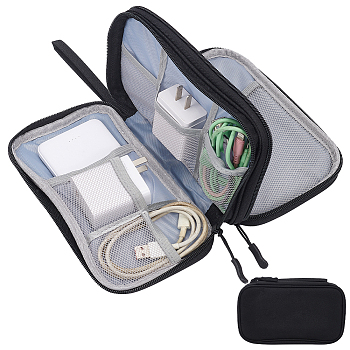 Polyester Double-Layer Electronic Organizer Bag, Portable Travel Waterproof Cable Storage Zipper Pouches, for Cable, Charger, Phone, Earphone, Cosmetics, Rectangle, Black, 32cm