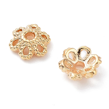 Brass Bead Caps, 6-Petal Flower, Real 18K Gold Plated, 6x2.5mm, Hole: 1~1.2mm