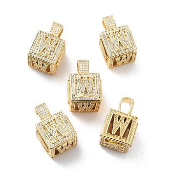 Alphabet Brass Micro Pave Clear Cubic Zirconia Pendants, Real 18K Gold Plated, Cube with Letter, Letter.W, 26x17x17mm, Hole: 5x8mm