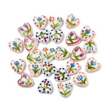 Handmade Porcelain Beads, Heart with Flower Pattern, Hand Painted, Famille Rose Porcelain, Mixed Color, 15x15x7.5mm, Hole: 2.3mm