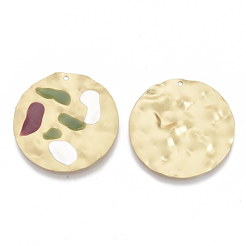 Iron Hammered Pendants, with Enamel, Flat Round, Matte Gold Color, Colorful, 35.5x2mm, Hole: 1.5mm