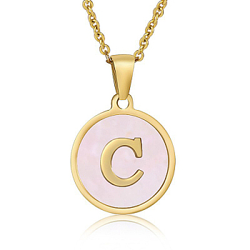 Natural Shell Initial Letter Pendant Necklace, with Golden Stainless Steel Cable Chains, Letter C, 17.72 inch(45cm)