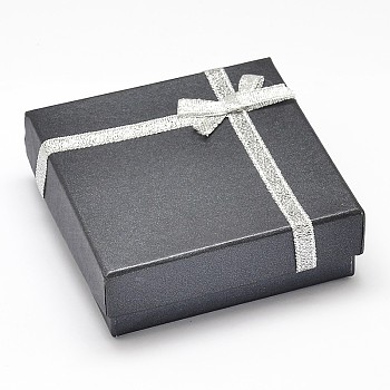 Square Cardboard Jewelry Boxes, with Sponge Inside and Satin Ribbon Bowknot, Black, 9.1x9x3cm