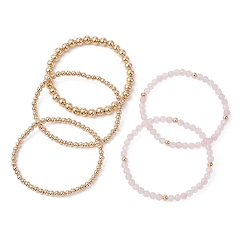 5Pcs 5 Style Natural Rose Quartz & Brass Beaded Stretch Bracelets Set for Women, Inner Diameter: 2-1/8 inch(5.4cm), 1Pc/style