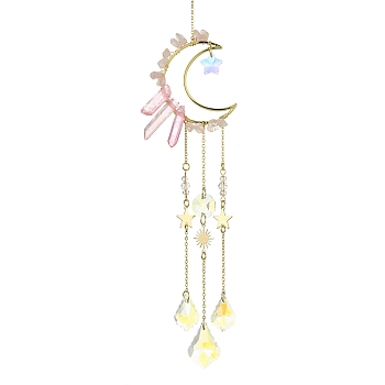 Moon & Star Brass Hanging Ornaments, Natural Rose Quartz Chips and Glass Tassel Suncatchers, 278mm, Hole: 10mm