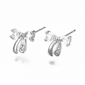 Brass Stud Earrings, with Clear Cubic Zirconia, Nickel Free, Bowknot, Real Platinum Plated, 8.5x9mm, Pin: 0.7mm