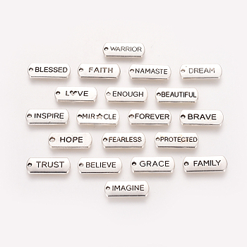 Tibetan Style Alloy Inspirational Message Pendants, Rectangle with Words, Cadmium Free & Lead Free, Antique Silver, 8x21x2mm, Hole: 2mm, about 4pcs/kind, 80pcs/set