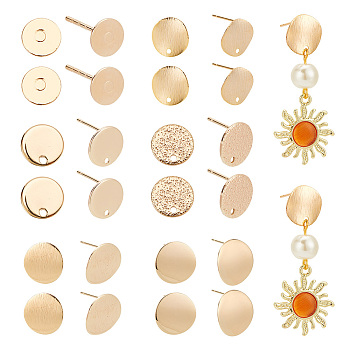 18pcs 9 style Brass Stud Findings, with Vertical Loops and 30pcs Plastic Ear Nuts, Flat Round, Golden, 5~18x1mm, Hole: 1~2.5mm, Pin: 0.5~0.8mm, 2Pcs/style