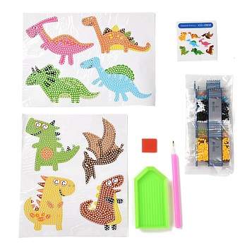 DIY Dinosaur Diamond Painting Stickers Kits For Kids, with Diamond Painting Stickers, Rhinestones, Diamond Sticky Pen, Tray Plate and Glue Clay, Mixed Color, 19.7x14.4x0.03cm