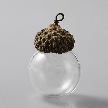 Glass Ball Pendants, with Natural Acorn Shell Cap, Autumn Theme, Clear, 40x25.5mm, Hole: 2mm