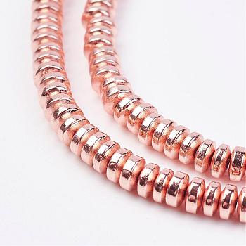Non-magnetic Synthetic Hematite Beads Strands, Rondelle, Rose Gold Plated, 4x2mm, Hole: 1mm, about 98pcs/strand, 15.7 inch