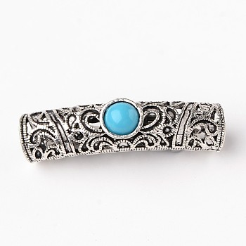 Tibetan Style Alloy Hollow Tube Beads, with Resin Cabochon, Antique Silver, 40x10x12mm, Hole: 7.5mm