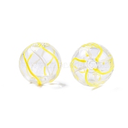 Transparent Glass Enamel Beads, Round with Stripe Pattern, Gold, 13.5~15x14mm, Hole: 2~2.5mm(GLAA-G084-01B)