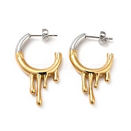 Two Tone 304 Stainless Steel Melting Dripping Stud Earrings, Half Hoop Earrings for Women, Golden & Stainless Steel Color, 33x19x4mm, Pin: 0.7mm(EJEW-F289-02GP)