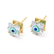 Glass Square with Enamel Evil Eye Stud Earrings, Real 18K Gold Plated Brass Jewelry for Women, Light Sky Blue, 9x9.5mm, Pin: 1mm(EJEW-P210-03G-01)