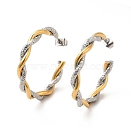 Two Tone 304 Stainless Steel Twist Rope Stud Earrings, Half Hoop Earrings for Women, Golden & Stainless Steel Color, 31x4mm, Pin: 0.7mm(EJEW-F289-01GP)