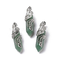 Natural Green Aventurine Pendants, with Platinum Tone Brass Findings, Cadmium Free & Lead Free, Double Terminal Pointed Bullet with Feather, 45~47.5x14~14.5x13~14mm, Hole: 8x5mm(G-E059-02AS-04)
