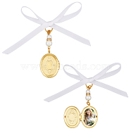 2Pcs Oval Brass Locket Pendant Decorations, with Acrylic Imitated Pearl Beads and Satin Ribbon, Golden, 70mm, 2pcs/set(HJEW-AB00212)