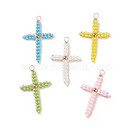 Glass Pendants, with Golden Brass Findings, Cross, Mixed Color, 46x28.5x4mm, Hole: 4.5x3.5mm(PALLOY-JF01941)