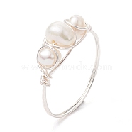 Natural Pearl Finger Rings, Copper Wire Wrapped Ring, Silver, US Size 8 1/2(18.5mm)(RJEW-JR00604-02)