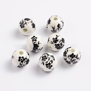 Handmade Printed Porcelain Beads, Round, Black, 12mm, Hole: 2mm(PORC-Q201-12mm-5)