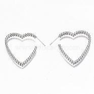Brass Half Hoop Earrings, Stud Earring, Heart, Nickel Free, Real Platinum Plated, 33x30x4mm, Pin: 0.7mm(KK-R117-048-NF)
