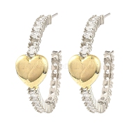 Rack Plating Brass Heart Stud Earrings, Cubic Zirconia Half Hoop Earrings, Long-Lasting Plated, Lead Free & Cadmium Free, Real 18K Gold Plated, 34x11.5mm(EJEW-H117-04GP)