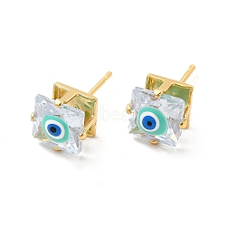 Glass Square with Enamel Evil Eye Stud Earrings, Real 18K Gold Plated Brass Jewelry for Women, Light Sky Blue, 9x9.5mm, Pin: 1mm(EJEW-P210-03G-01)
