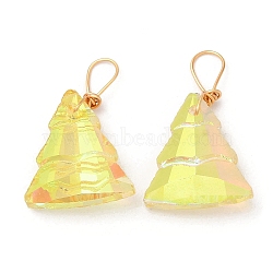 Glass Pendants, with Light Gold Brass Loops, Christmas Tree Charms, Yellow, 21~22x13~13.5x5~5.5mm, Hole: 5x3.5mm(KK-Q777-08LG-01)