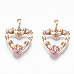 Brass Micro Cubic Zirconia Pendants, with Glass and Brass Snap on Bails, Heart, Light Gold, Flamingo, 17x16x6mm, Hole: 6x4mm(KK-N235-026C)