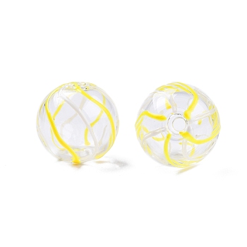 Transparent Glass Enamel Beads, Round with Stripe Pattern, Gold, 13.5~15x14mm, Hole: 2~2.5mm