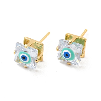 Glass Square with Enamel Evil Eye Stud Earrings, Real 18K Gold Plated Brass Jewelry for Women, Light Sky Blue, 9x9.5mm, Pin: 1mm