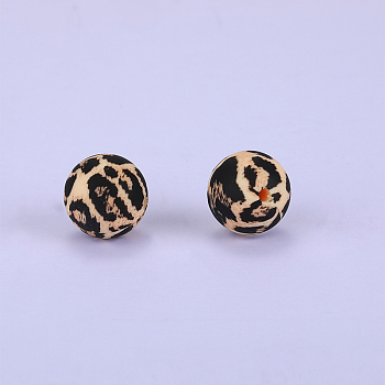 Printed Round with Leopard Print Pattern Silicone Focal Beads, Black, 15x15mm, Hole: 2mm