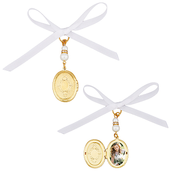 2Pcs Oval Brass Locket Pendant Decorations, with Acrylic Imitated Pearl Beads and Satin Ribbon, Golden, 70mm, 2pcs/set